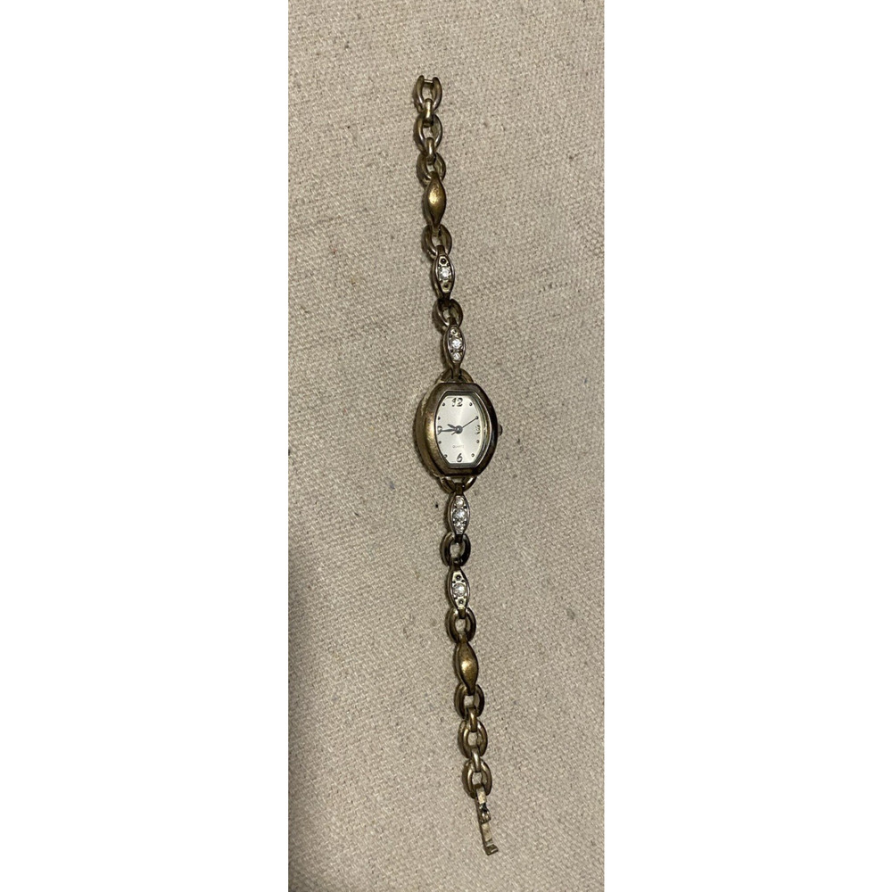 Vtg Japan Movement Gold Tone Faux DIAMOND Quartz Bracelet WATCH - Steel Back